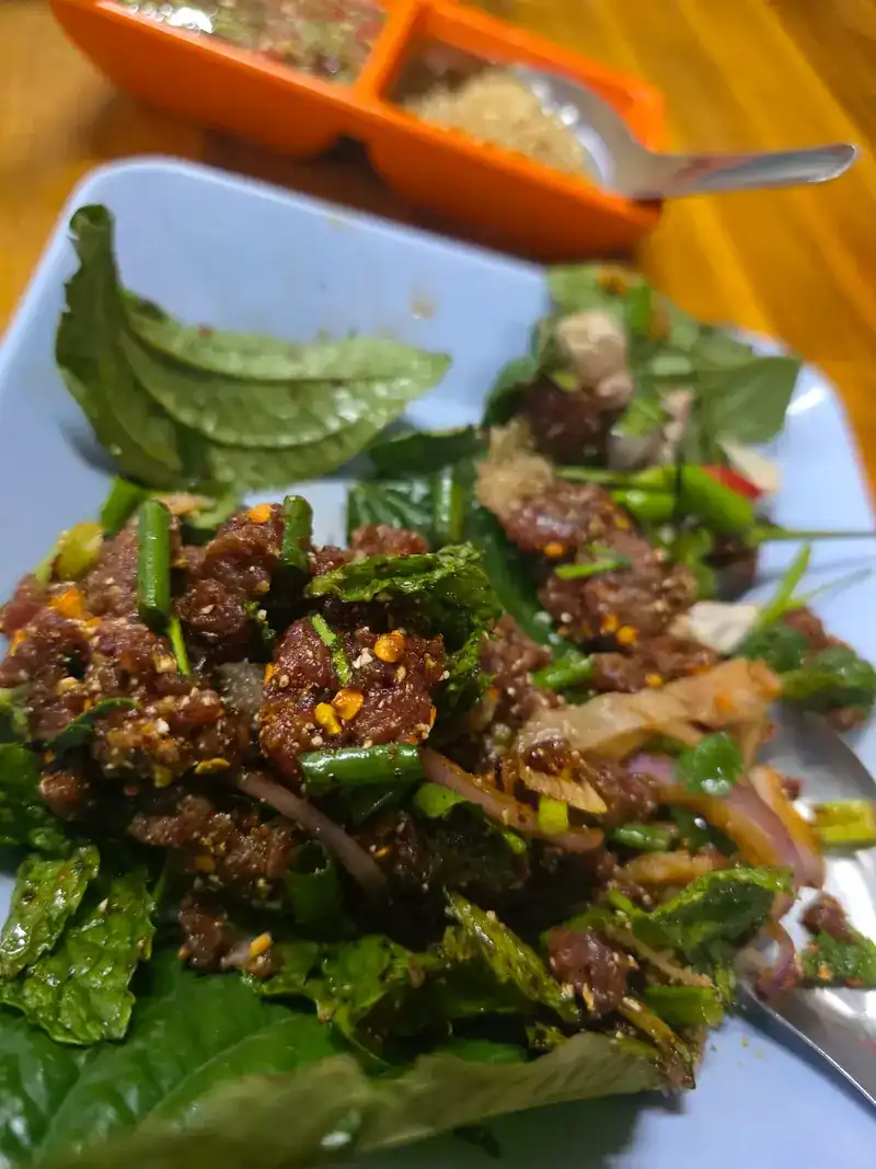 Larb with fresh herbs and leaves