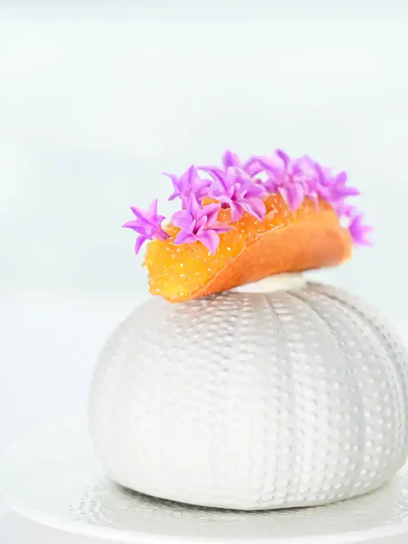 A small bite topped with purple flowers, served on a white sea-urchin shell