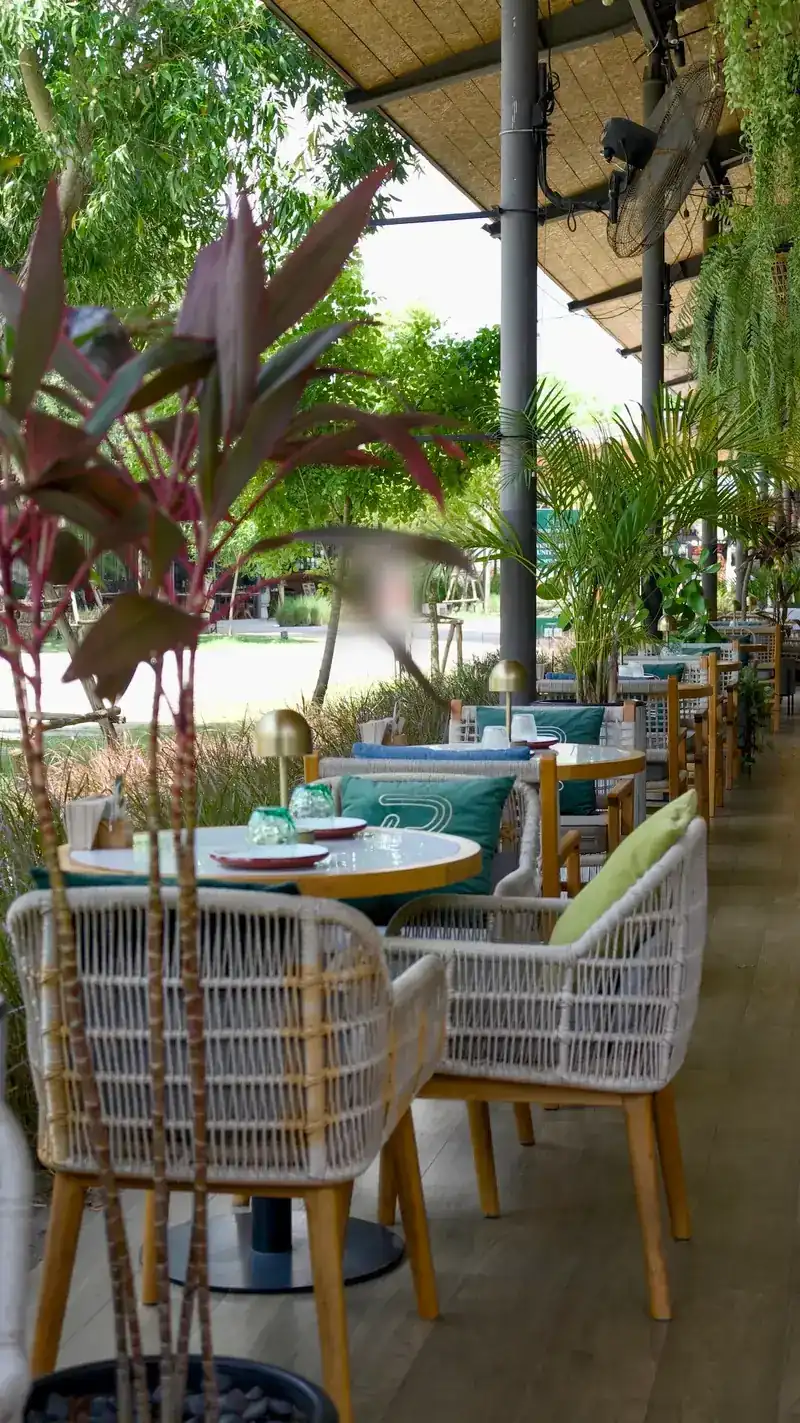 The covered terrace with wicker chairs, brass table lamps, palms and hanging ferns