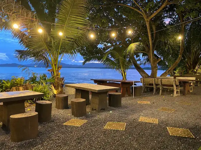 The garden at dusk: timber tables and log stools on gravel, lights in the palms, the bay behind