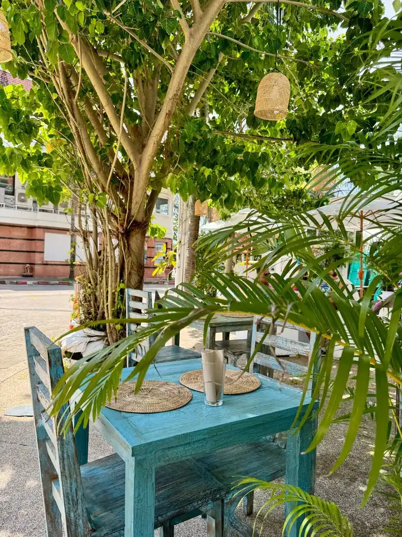 A turquoise wooden table for two under a tree and palm leaves in the garden