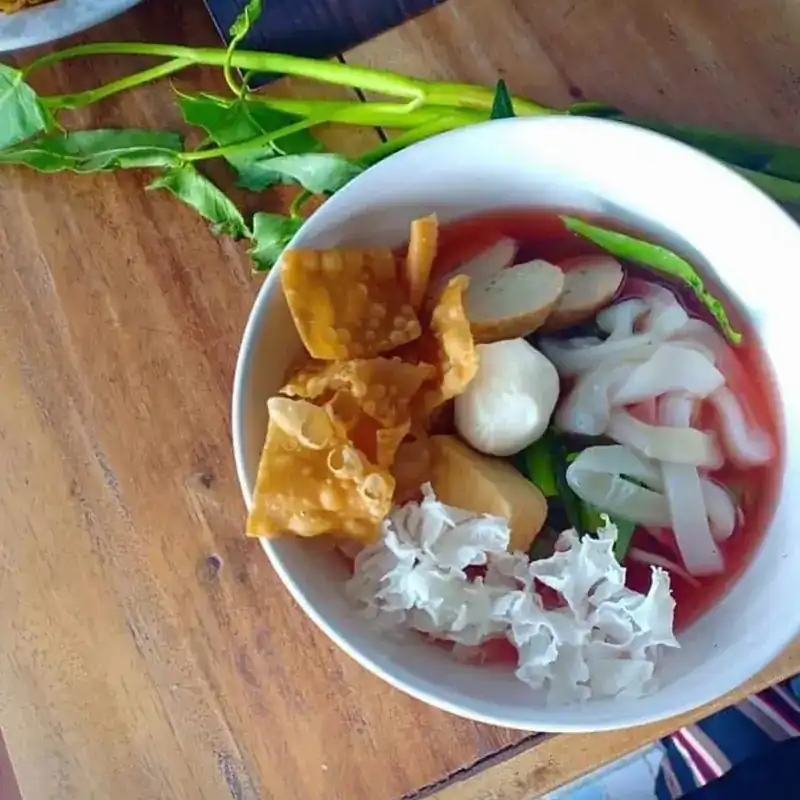 Pink yen ta fo noodle soup with fish balls and crisp wonton