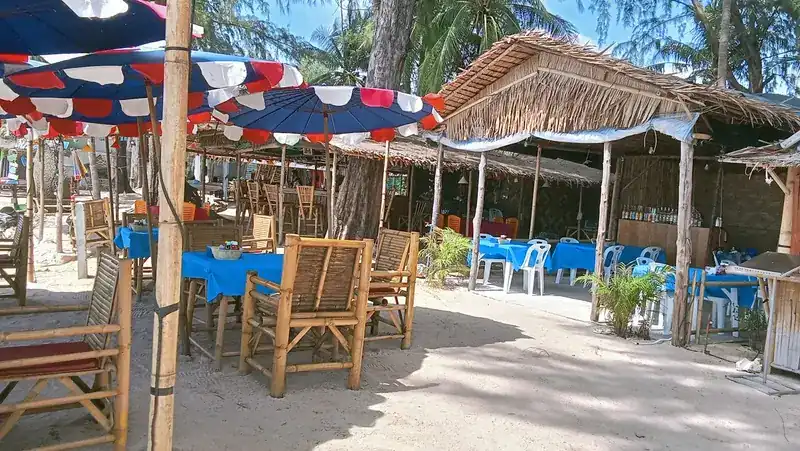 Thatched huts and blue tables in the shade by day