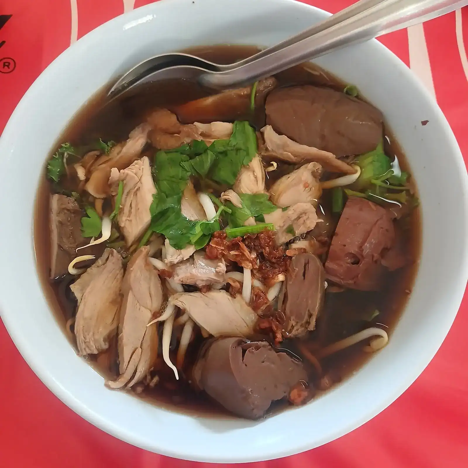 Duck noodle soup from above: sliced duck, bean sprouts and coriander in a dark broth