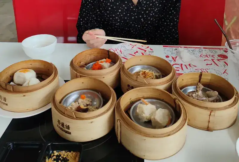 Bamboo steamers of dim sum on the table
