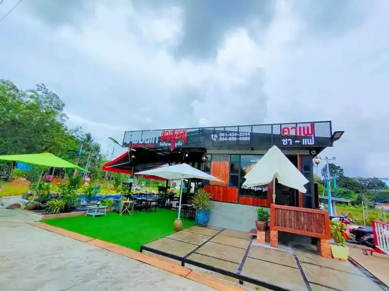 The garden in front, with green umbrellas and a wooden walkway