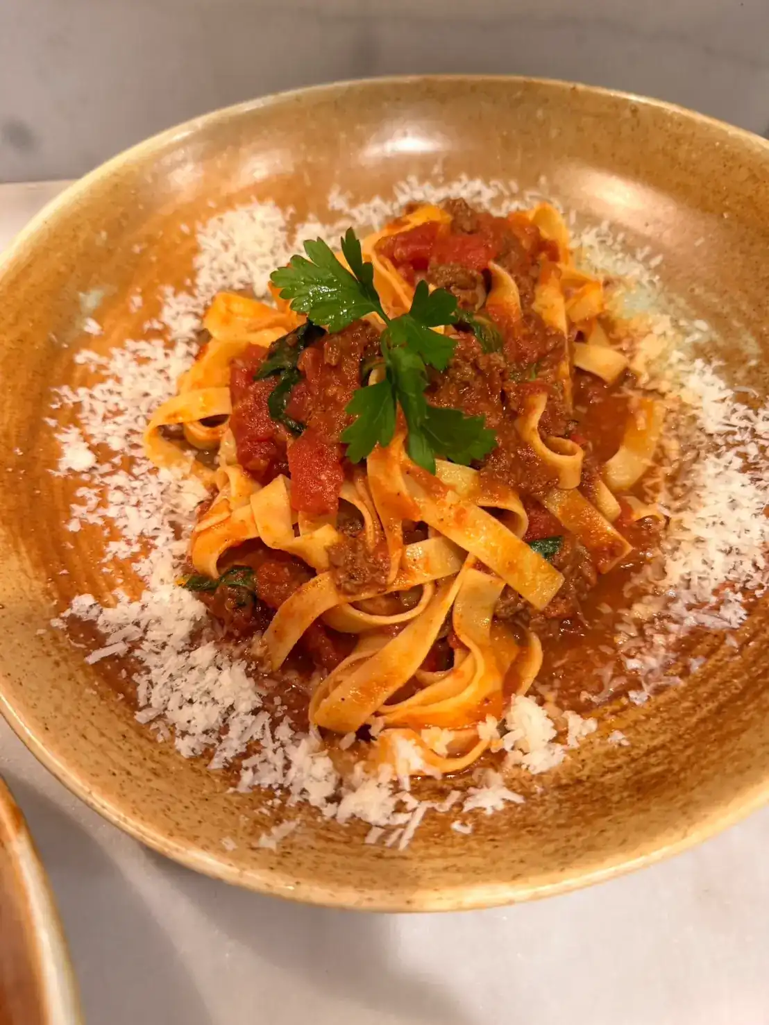 Ribbon pasta in a tomato and meat sauce, with grated cheese and parsley, in a stoneware bowl
