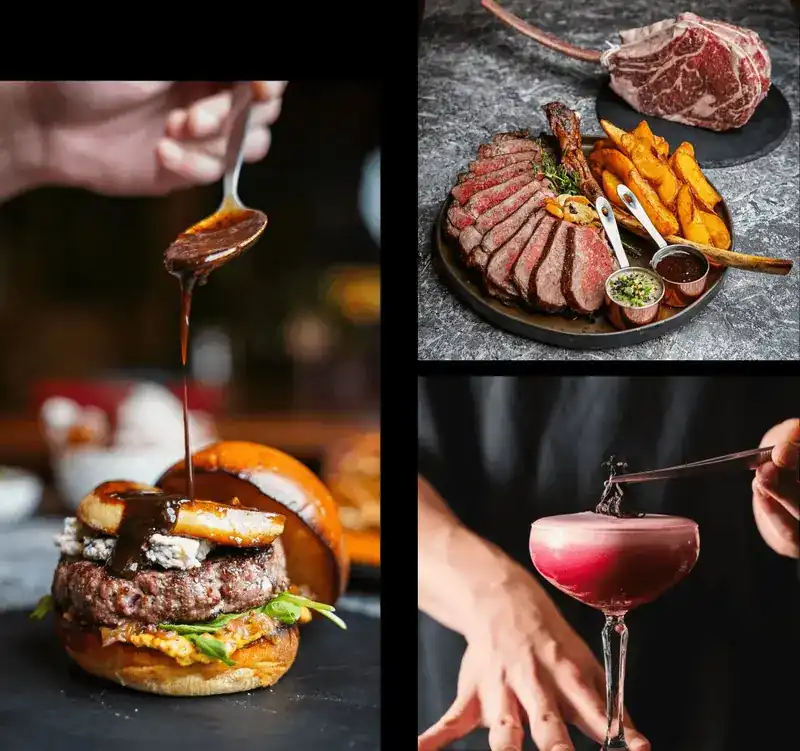 Sauce spooned over a burger, a sliced tomahawk steak with potato wedges, and a pink cocktail being garnished