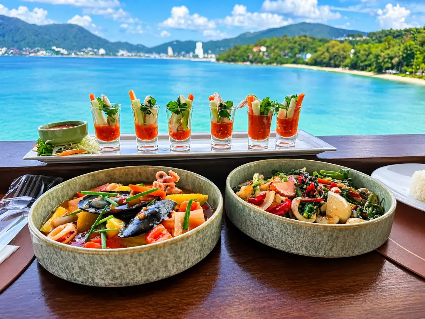 Two seafood dishes and a row of small glasses with vegetable sticks on the terrace ledge, the turquoise bay and green hills behind.