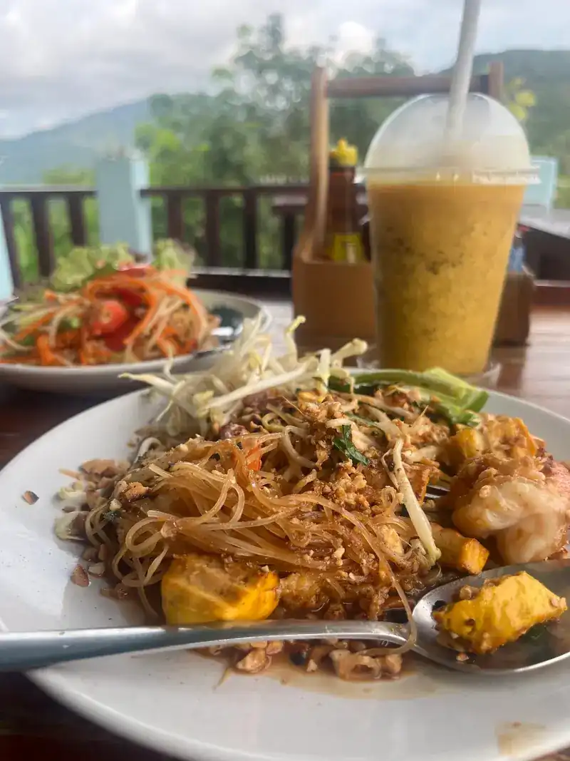 Pad thai with shrimp and a papaya salad on the table, the terrace rail and green hills behind