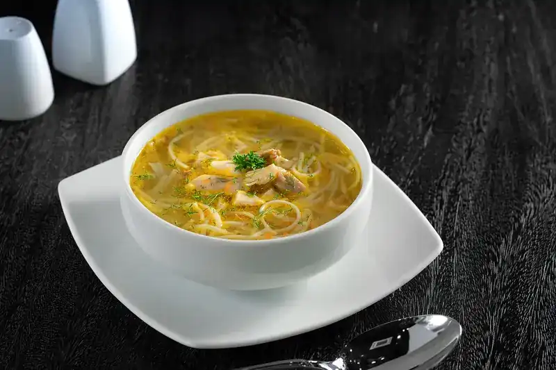 Clear chicken soup with noodles and dill