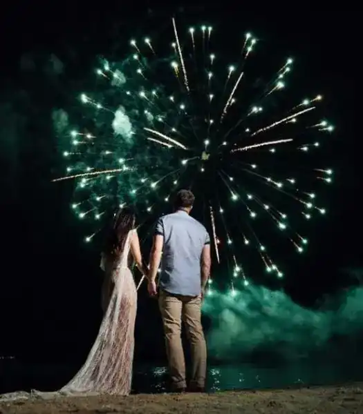 A couple seen from behind, holding hands and watching a firework burst over the beach