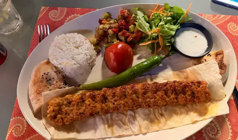 Kebab on flatbread with rice, salad, grilled tomato, green chilli and yoghurt sauce