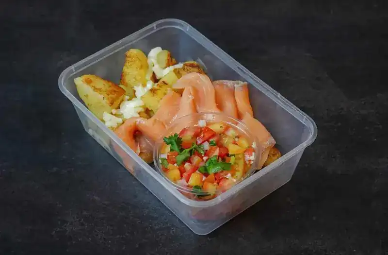 Smoked salmon with roast white potato and a pot of tomato salsa