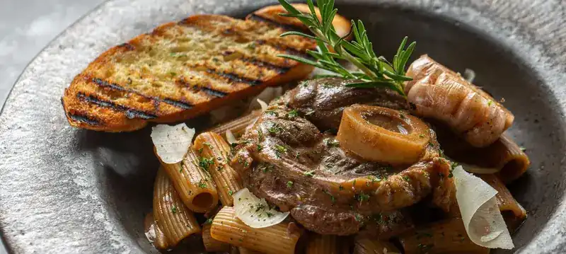 Braised veal shank on rigatoni with grilled bread