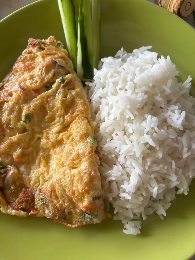 A Thai omelette with rice and spring onion