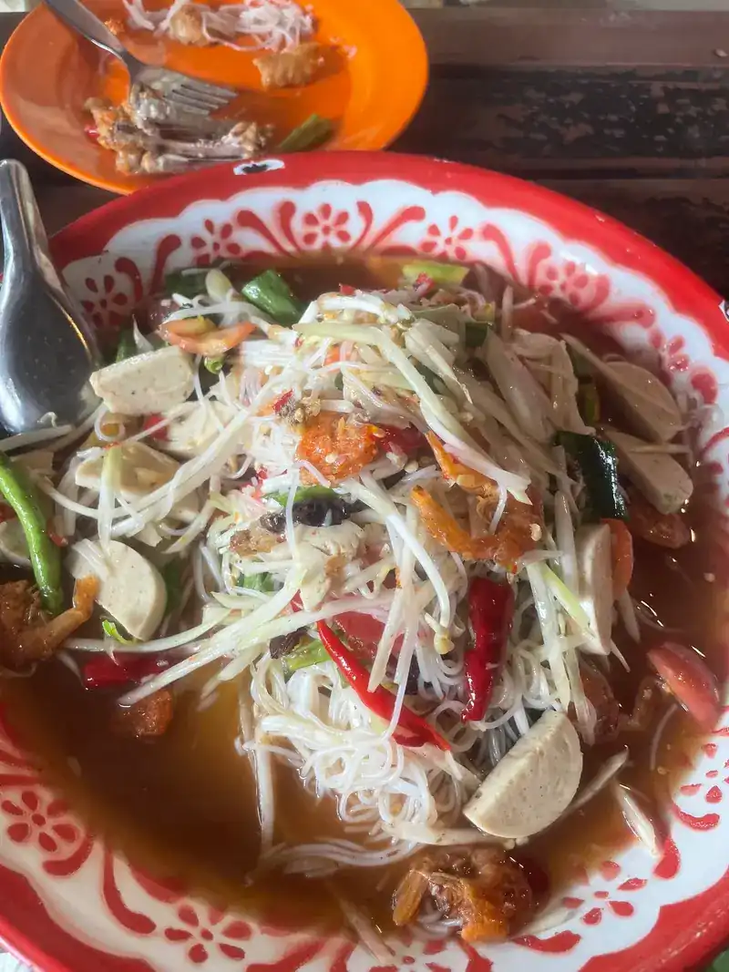 Papaya salad with rice noodles in a patterned bowl / ส้มตำกับขนมจีนในชามลายดอก