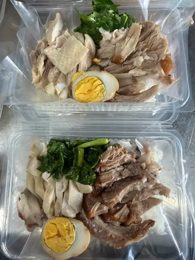 Two takeaway boxes of chicken and braised pork leg on rice, with egg and greens