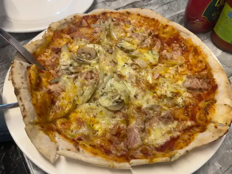 A thin-crust pizza with mushrooms and melted cheese on a white plate