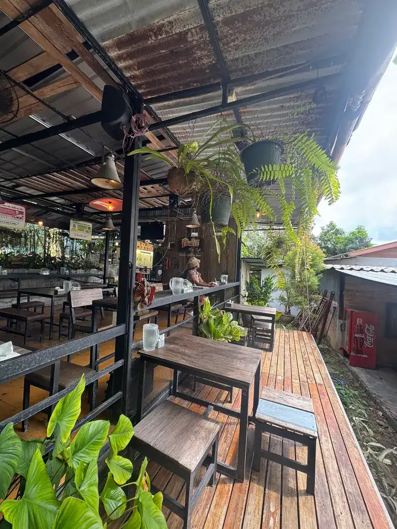 Tables on the timber deck under a tin roof, with hanging plants
