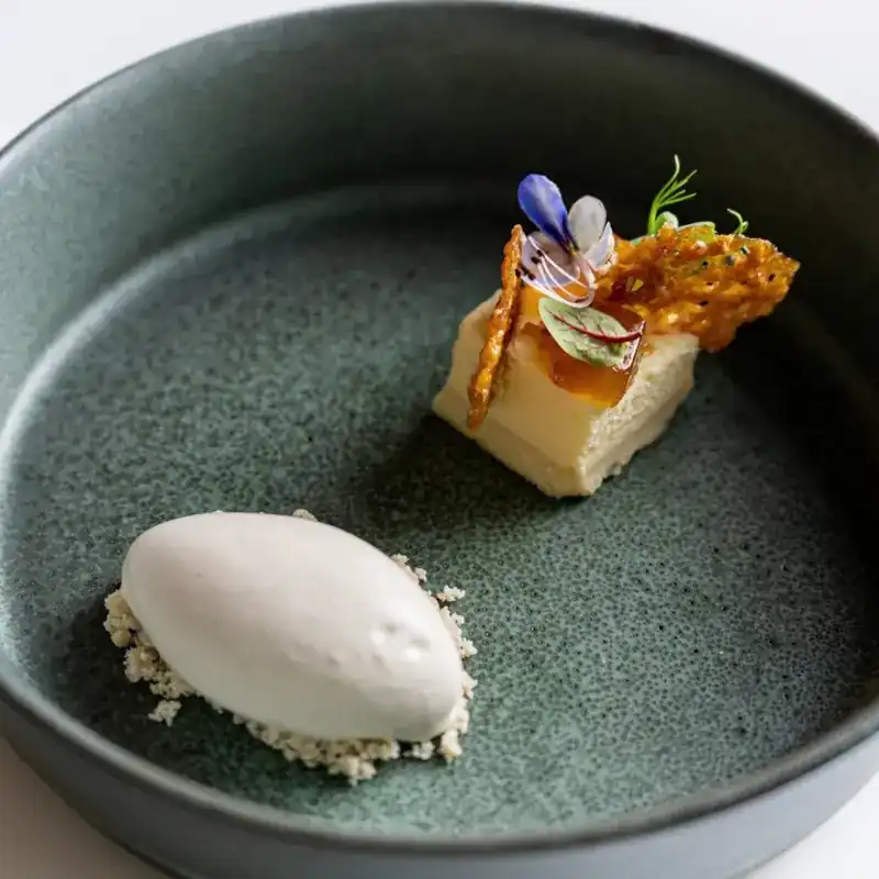 Pale ice cream beside a small slice of cake with a caramel crisp and a flower, on a green plate