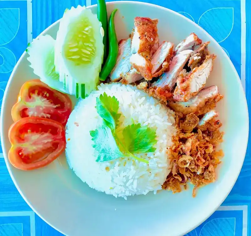 Sliced fried chicken with white rice, fried shallots, tomato, cucumber and green chilli on a white plate