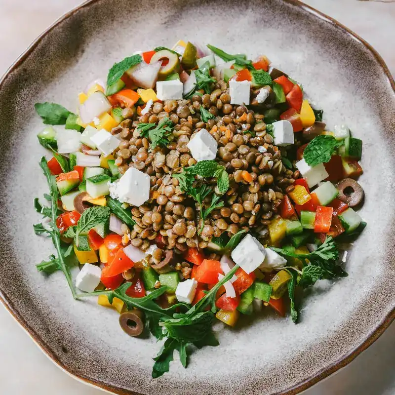 Lentil salad with feta, peppers, cucumber and fresh herbs