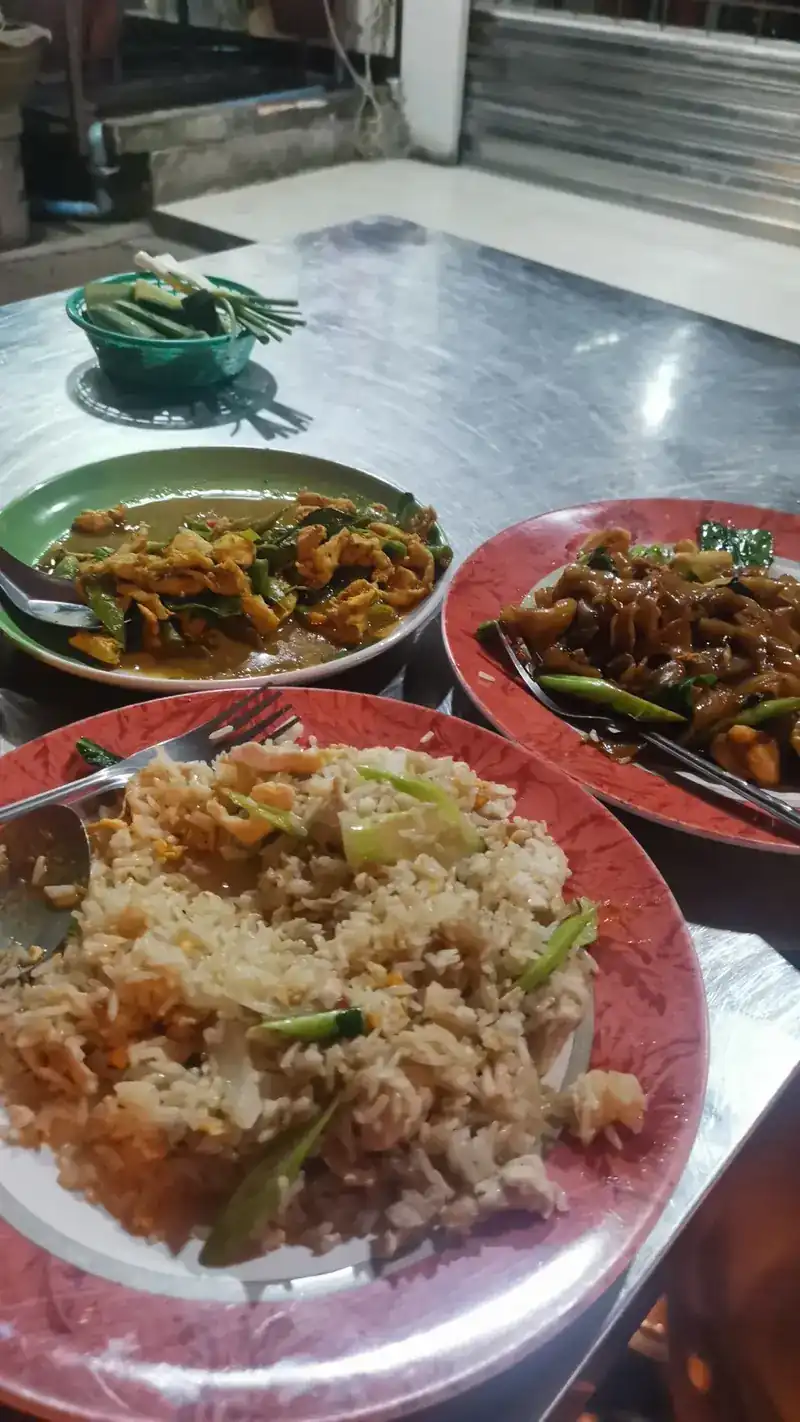 Fried rice and two stir-fries on a steel table