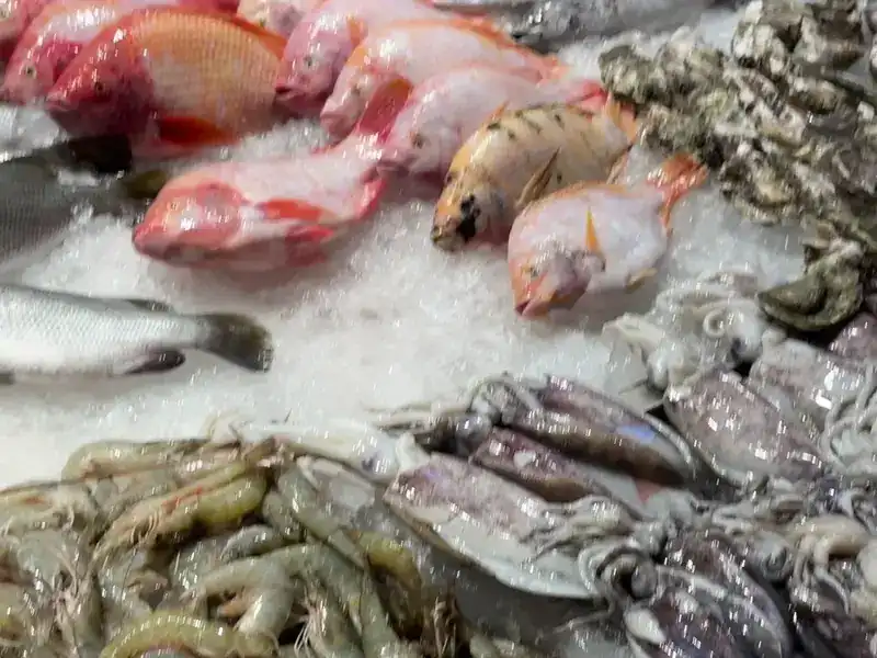 Whole fish, prawns and squid on crushed ice