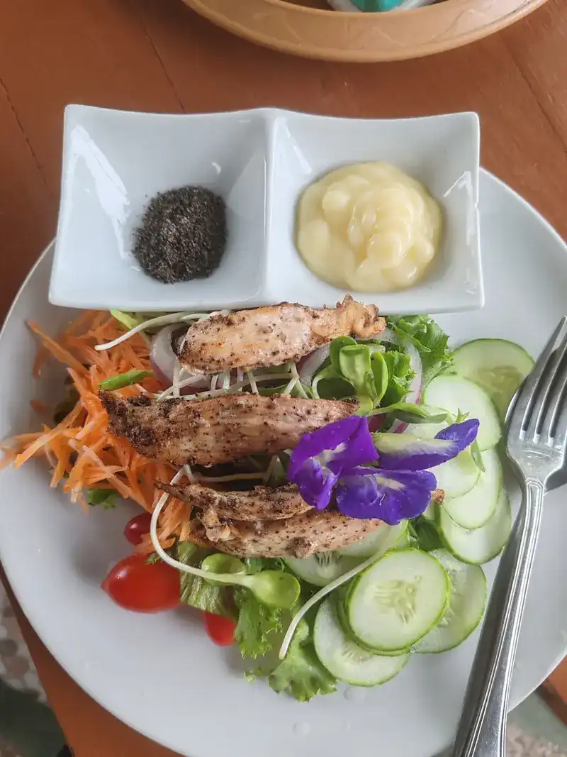 Grilled chicken slices on salad with cucumber, carrot, tomato and a butterfly-pea flower, two dips beside