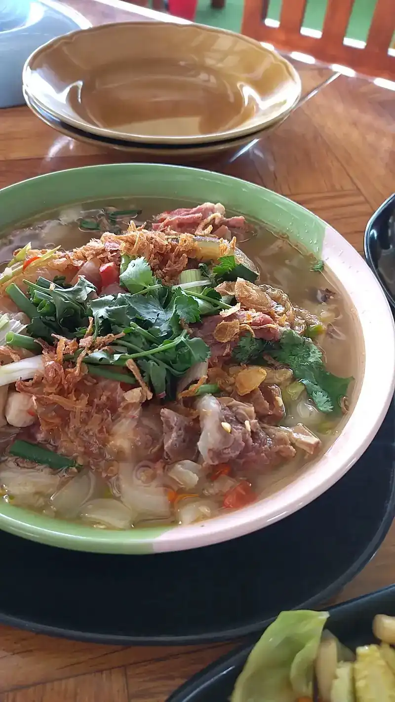 A big bowl of soup topped with herbs and crispy fried shallots