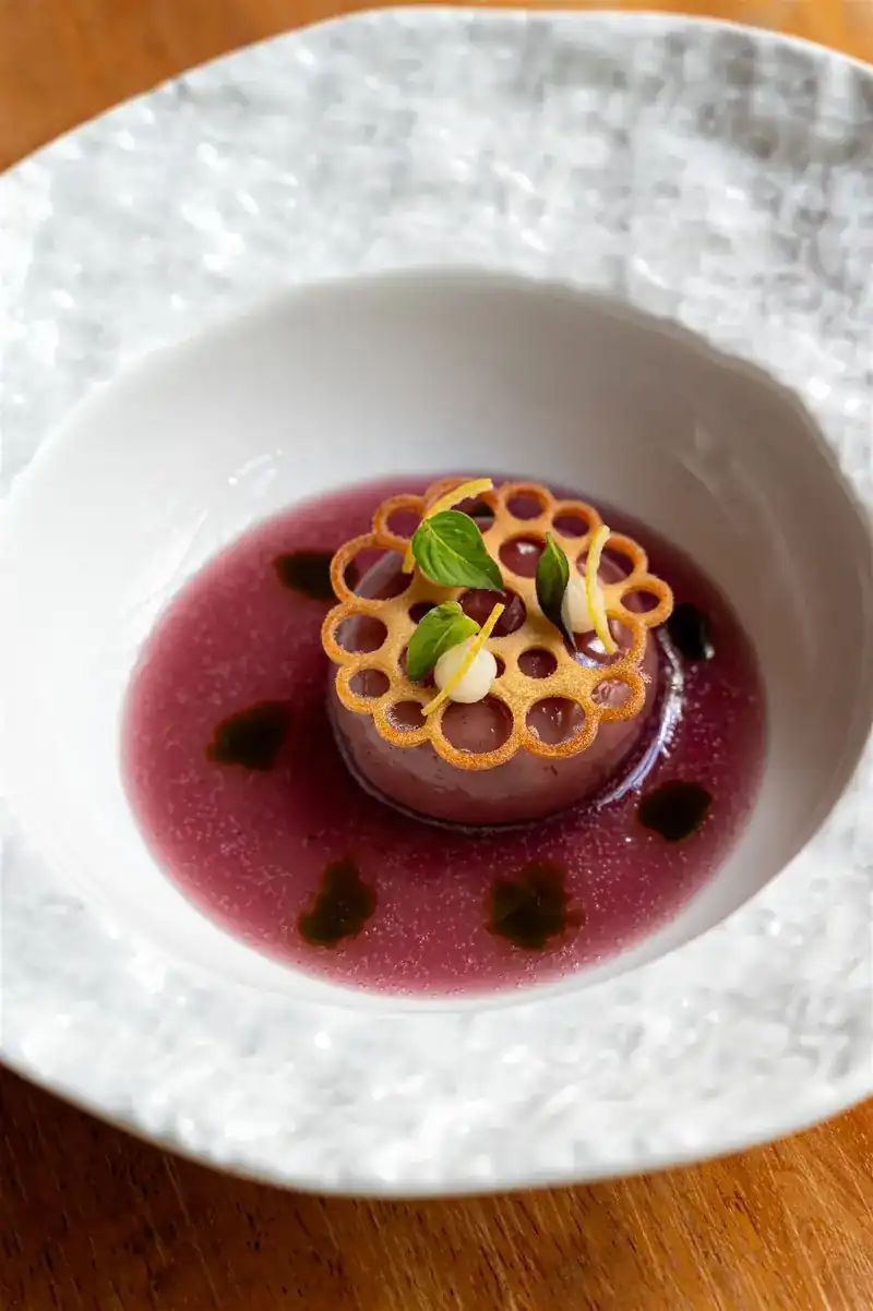 Purple broth in a white bowl with a lacy golden crisp and small leaves on top