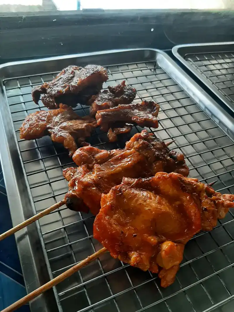 Grilled meats and chicken on bamboo skewers, resting on a wire tray