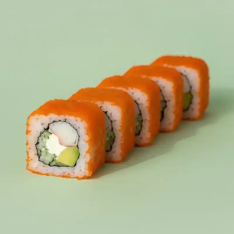 Inside-out rolls coated in orange tobiko with crab stick, avocado and cucumber, on a pale green background