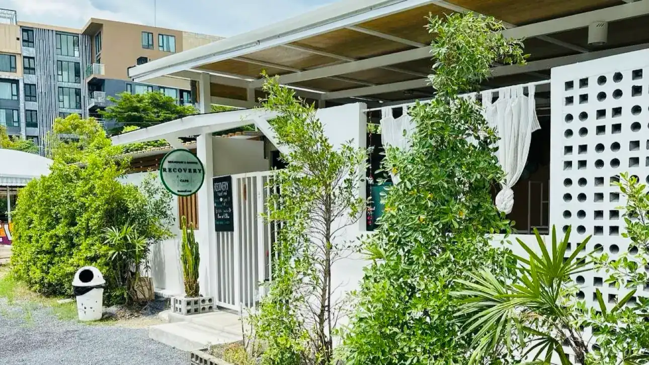 The white café front with a breeze-block wall, plants and the round green sign