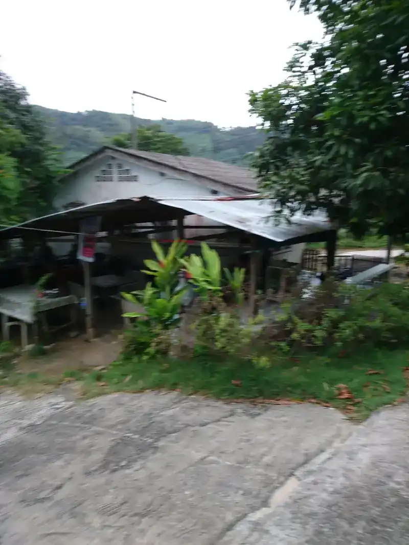 The shop's open shelter seen from the road, with hills behind