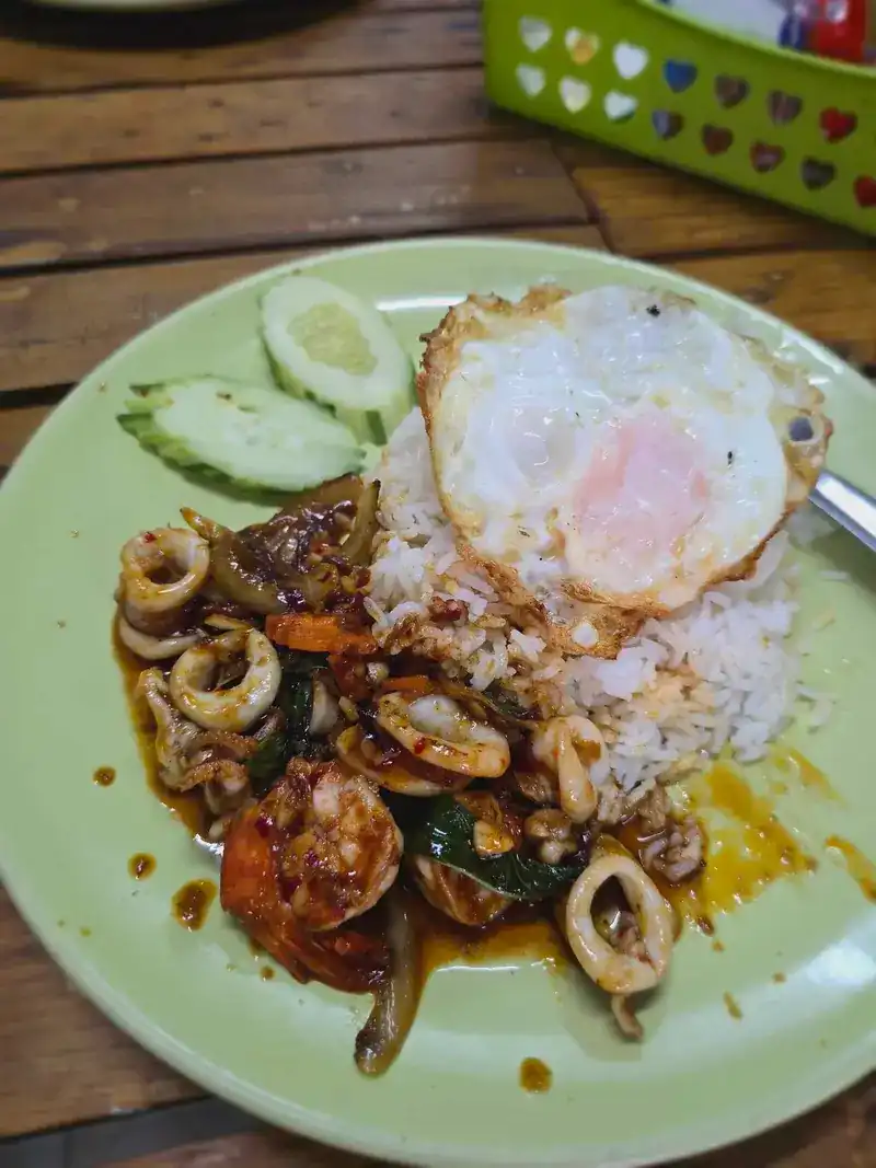 Stir-fried squid and prawns with rice, a fried egg and cucumber on a green plate
