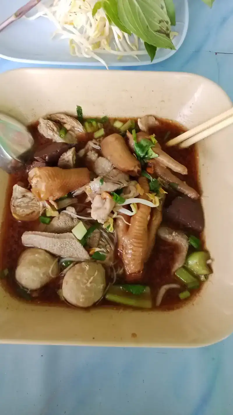 Dark noodle soup with chicken, meatballs and greens, chopsticks resting on the bowl