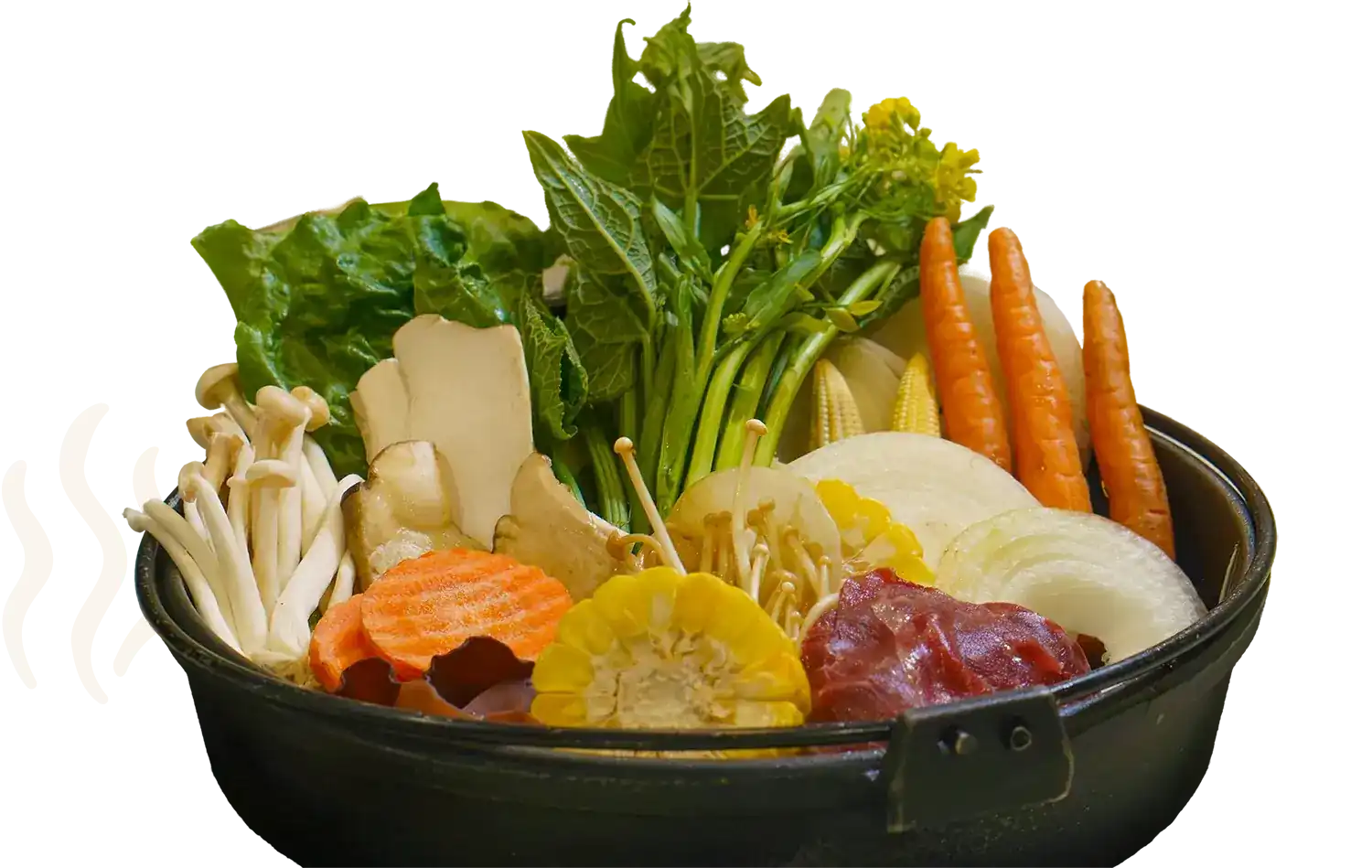 An iron suki pot piled with leafy greens, mushrooms, corn, carrots and onion