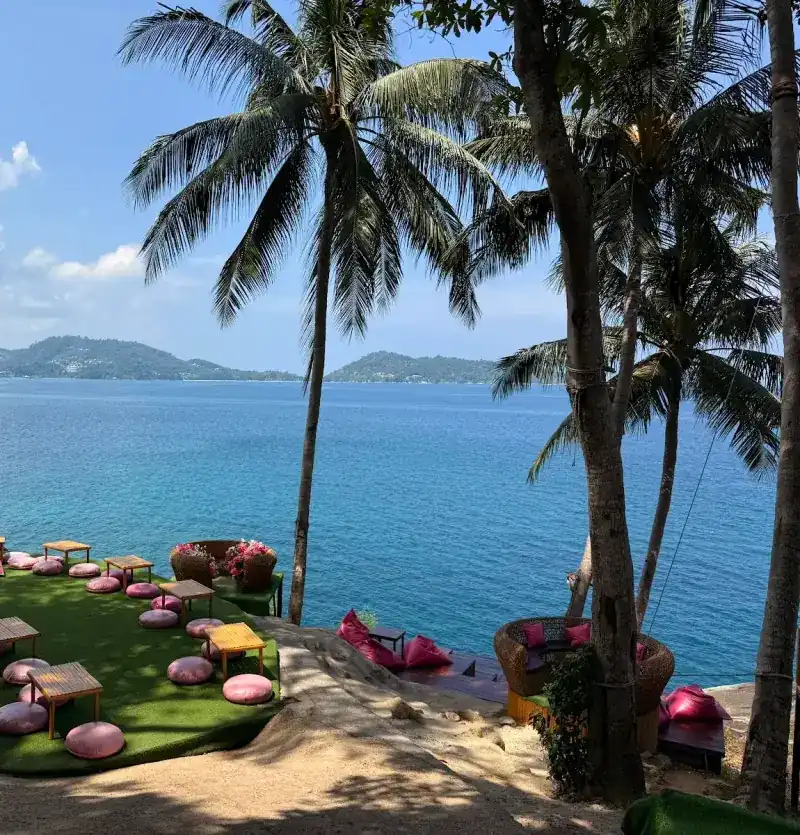 Low tables and pink floor cushions on a lawn under the palms, above the sea / โต๊ะญี่ปุ่นและเบาะรองนั่งสีชมพูบนสนามหญ้าใต้ต้นมะพร้าว เหนือทะเล