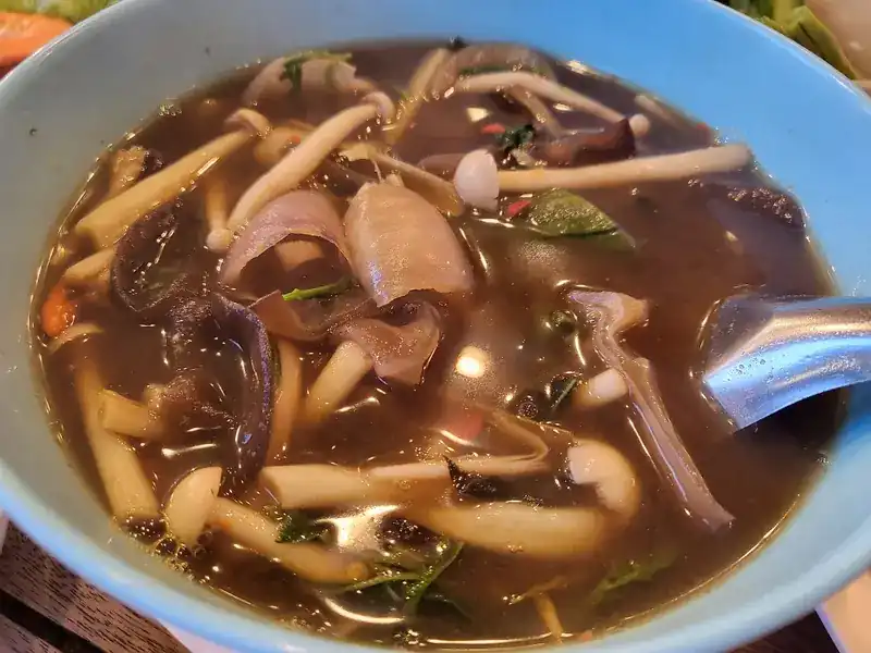 Mixed mushrooms in a dark, hot herb broth