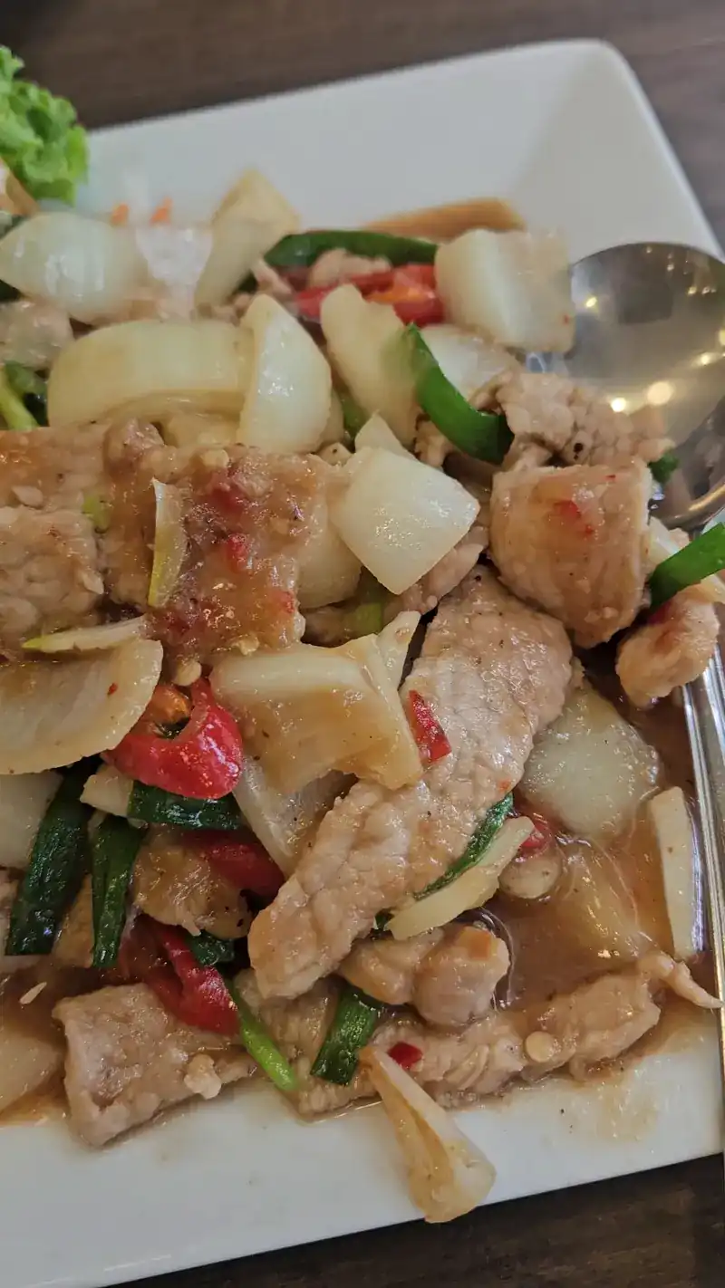 Pork stir-fried with onion, spring onion and red chilli