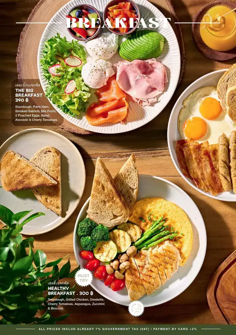 Grilled chicken, omelette, sourdough and green vegetables on a white plate