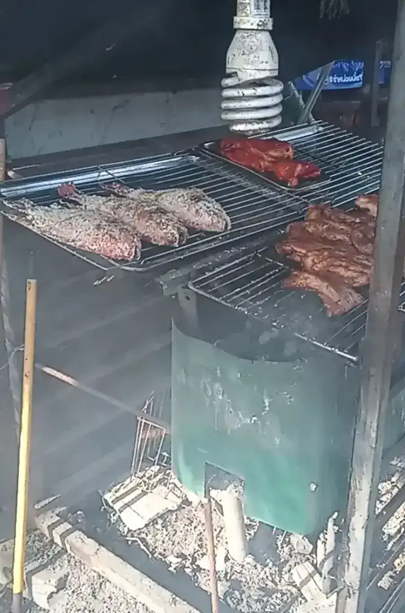 Whole fish and marinated meat on a charcoal grill under a hanging lamp