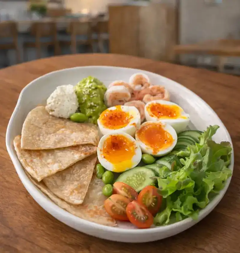 Soft-boiled eggs, shrimp, roti, smashed avocado, cream cheese and salad in one bowl