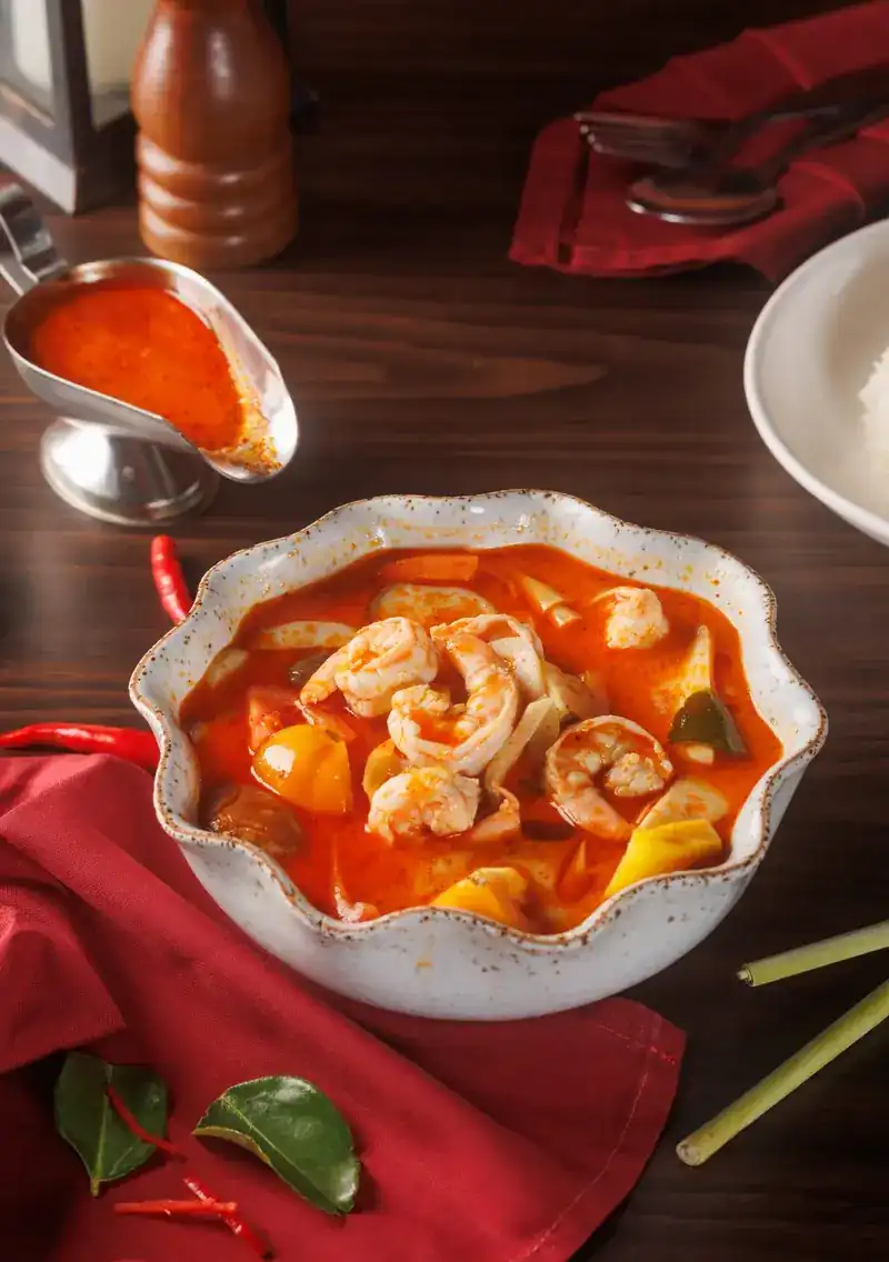 Prawns in a red Thai soup with lemongrass and lime leaves