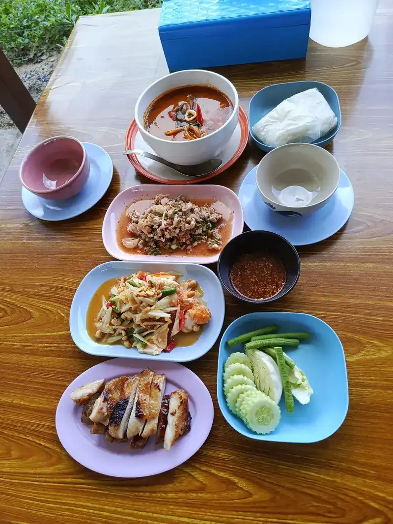A full table: tom yum, larb, papaya salad, grilled chicken, rice and fresh vegetables