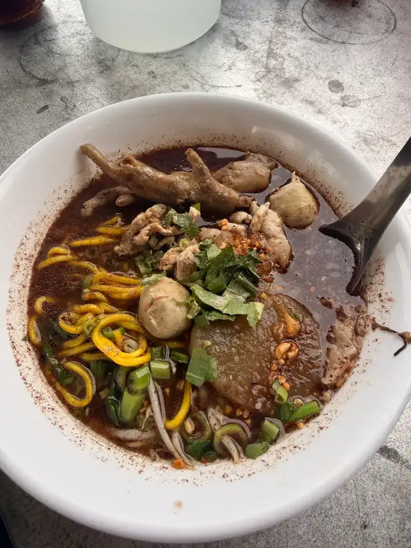 Egg noodles, meatballs and greens in a dark broth