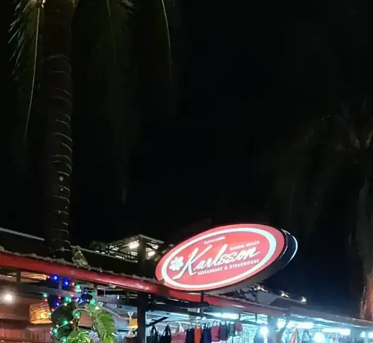 The red Karlsson sign lit at night beside a palm tree