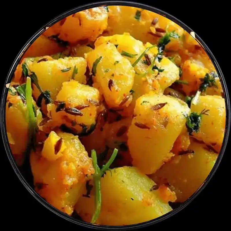 Potatoes cooked with turmeric and cumin seeds
